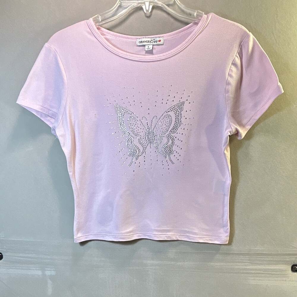 Y2K ORANGE Kiss Women’s Pink Butterfly Rhinestone Round Neck Stretch Tee Crop L